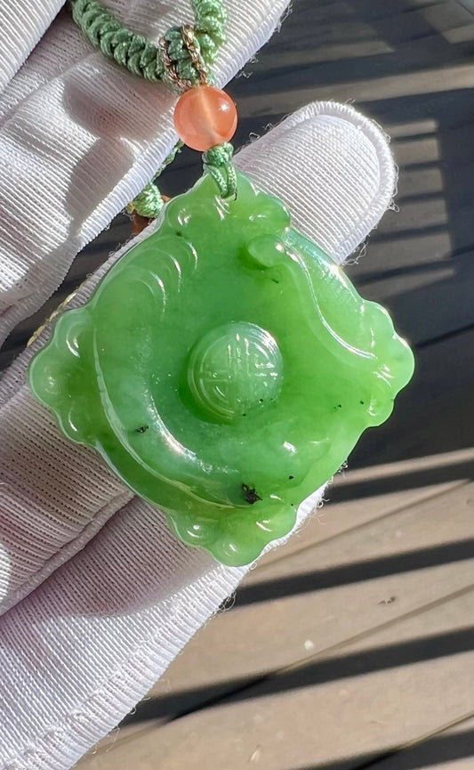 Certified natural nephrite green jade/apple  green nephrite square safety pendant necklace天然俄料碧玉 无事牌 吊坠 项链 果绿 油润  #0601 双面雕刻
