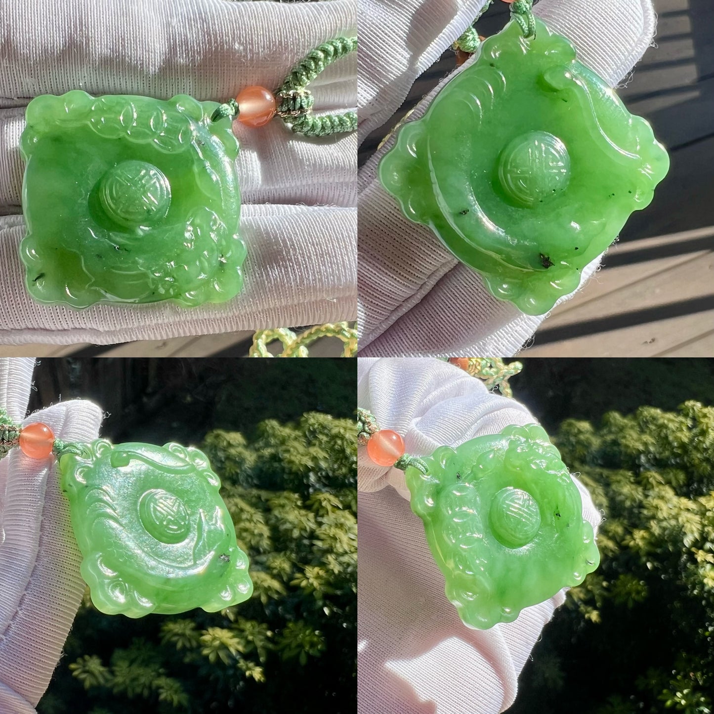 Certified natural nephrite green jade/apple  green nephrite square safety pendant necklace天然俄料碧玉 无事牌 吊坠 项链 果绿 油润  #0601 双面雕刻