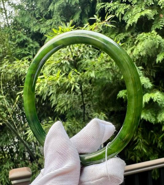 59.6mm Certified natural Siberian  green nephrite Bangle/icy oily spinach green nephrite 天然老俄料碧玉浓色菠菜绿 手镯 美人条 叮当镯 辣绿#2041