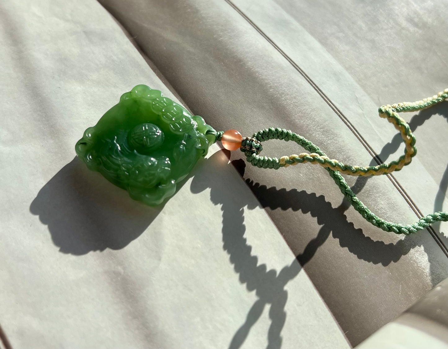 Certified natural nephrite green jade/apple  green nephrite square safety pendant necklace天然俄料碧玉 无事牌 吊坠 项链 果绿 油润  #0601 双面雕刻