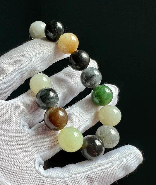 12mm Certified natural jade/ loulan multi color nephrite bracelet天然 多宝手串 楼兰配色 糖玉青花糖青碧籽#6471