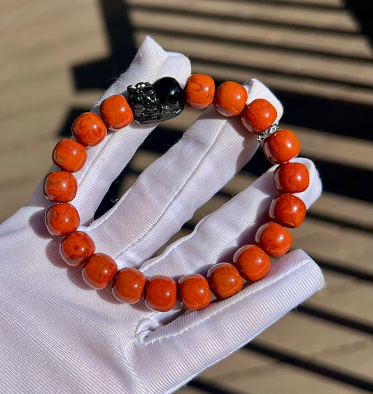 10*9mm Certified natural Nanhong Agate barrel Beads Bracelet, Southern Red Agate, with Hypersthene Pixiu charm, 全天然精品金运石貔貅 川料柿子红南红手串 满色满肉 #5947