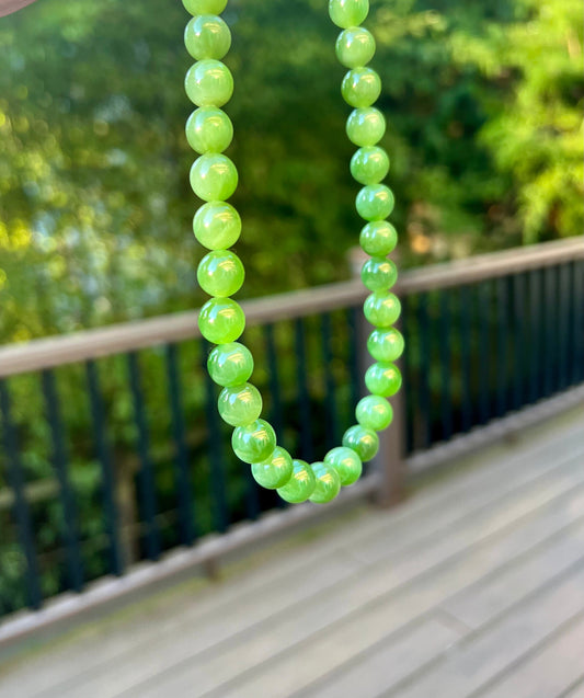 Certified 10mm Natural Siberian Green Nephrite /Jade necklace/high quality green nephrite some cat eye 天然和田玉 乌兰海碧玉项链 肉底阳绿 部分带猫眼 无黑点#3614