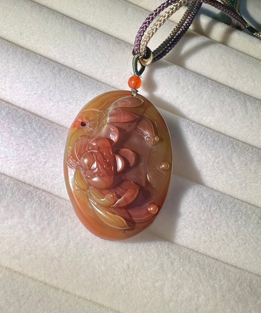 Certified Natural Nanhong Agate double side Carved fish lotus Pendant necklace, Southern Red Agate Pendant, 天然精品瓦西南红苏工立体双面雕刻鱼戏莲花项链 毛衣链#0431