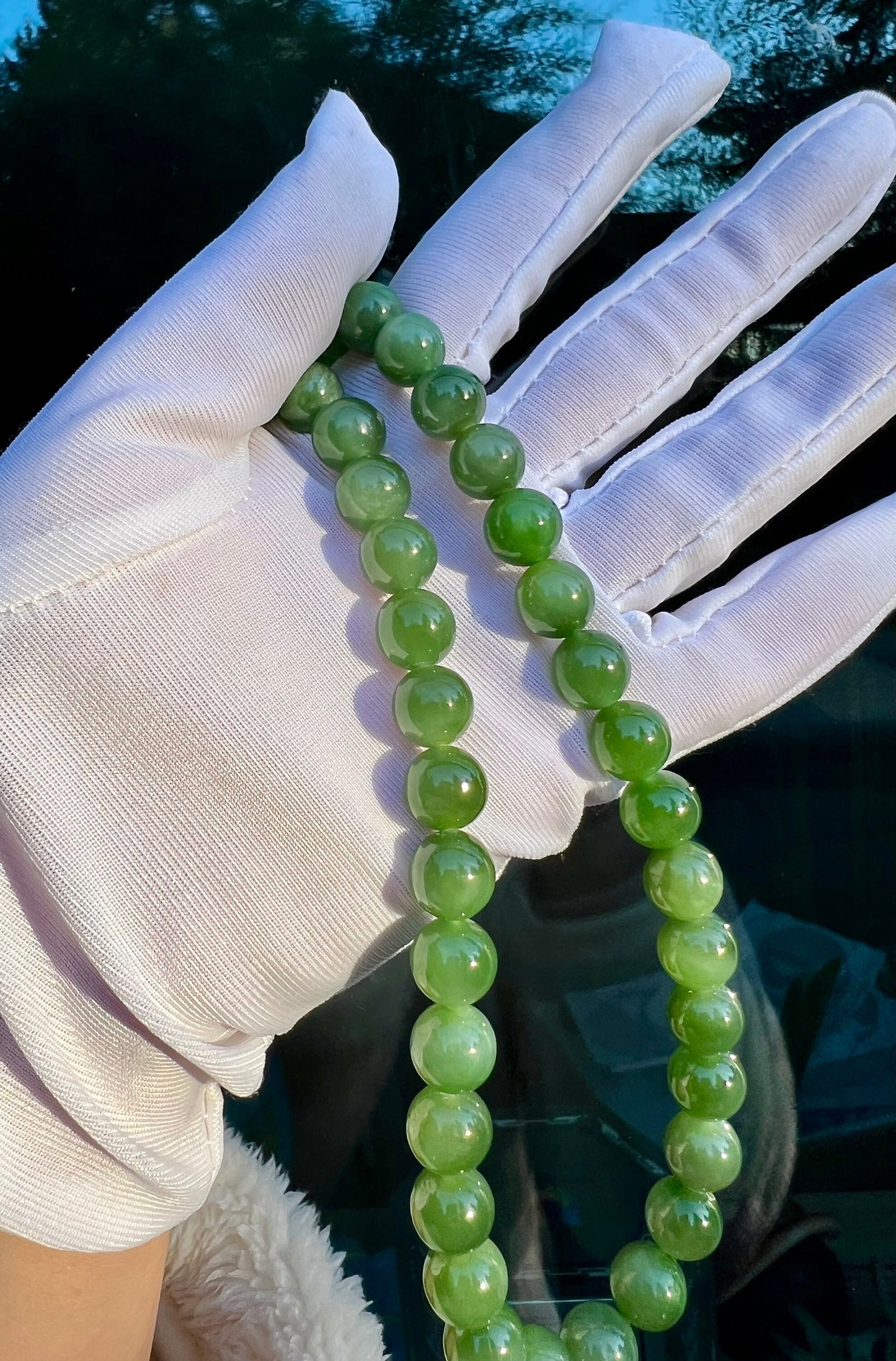 Certified 10mm Natural Siberian Green Nephrite /Jade necklace/high quality green nephrite some cat eye 天然和田玉 乌兰海碧玉项链 肉底阳绿 部分带猫眼 无黑点#3614
