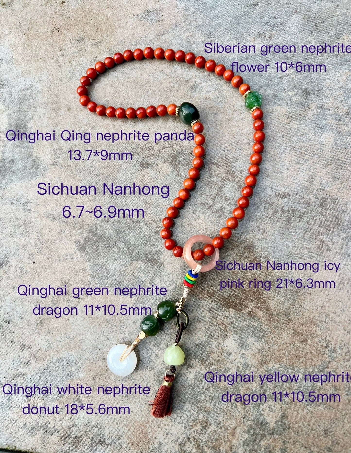Certified Natural Nanhong and Hetian jade double wrap Bracelet, Dragon/ donut pendant/multipurpose bag charm/car  ornament 天然精品南红和田玉 龙年手串 多用