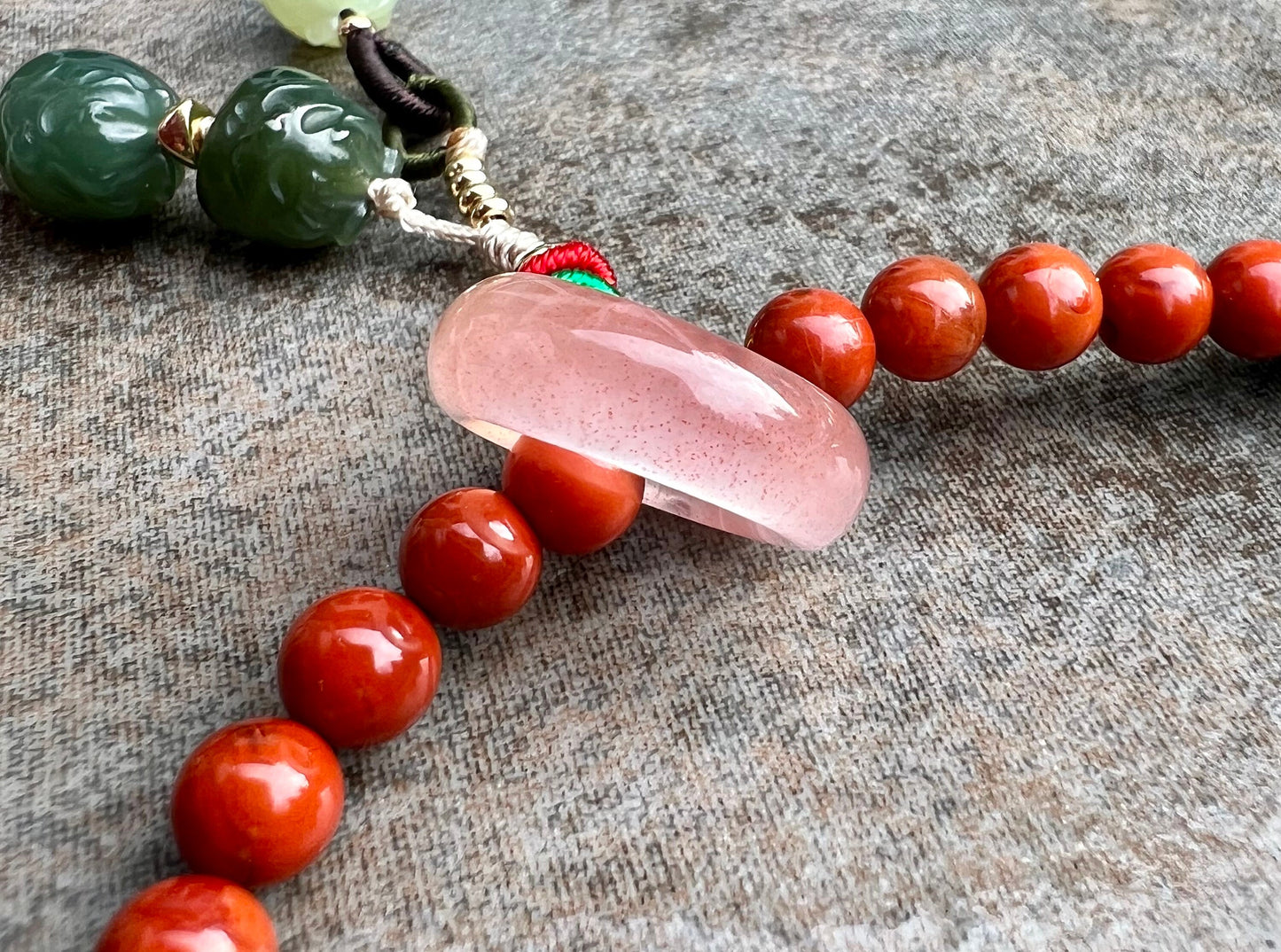 Certified Natural Nanhong and Hetian jade double wrap Bracelet, Dragon/ donut pendant/multipurpose bag charm/car  ornament 天然精品南红和田玉 龙年手串 多用