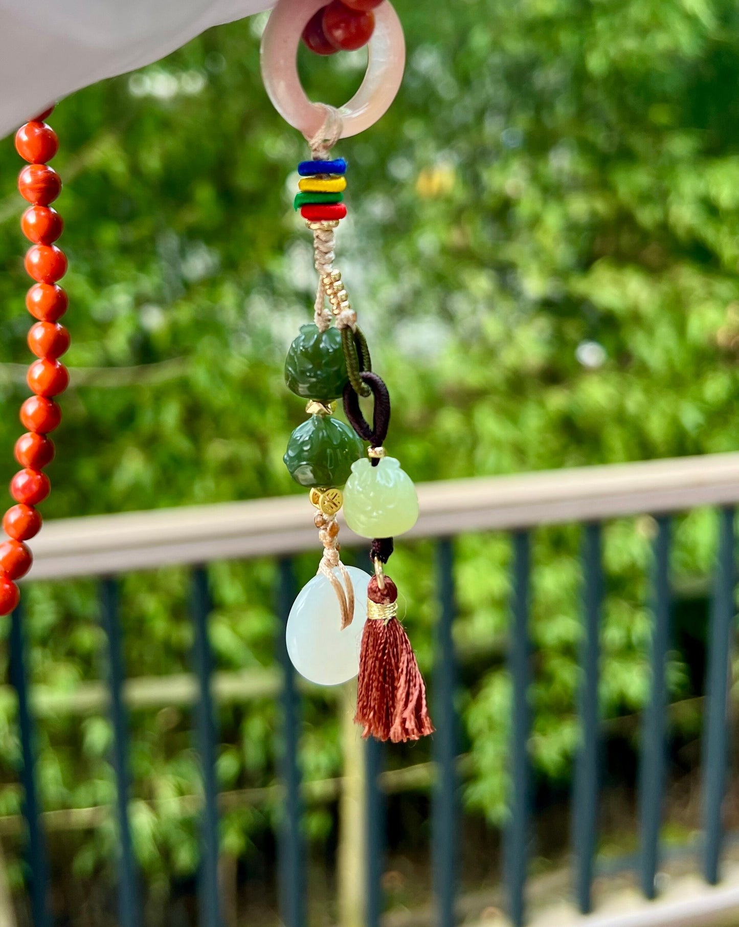 Certified Natural Nanhong and Hetian jade double wrap Bracelet, Dragon/ donut pendant/multipurpose bag charm/car  ornament 天然精品南红和田玉 龙年手串 多用