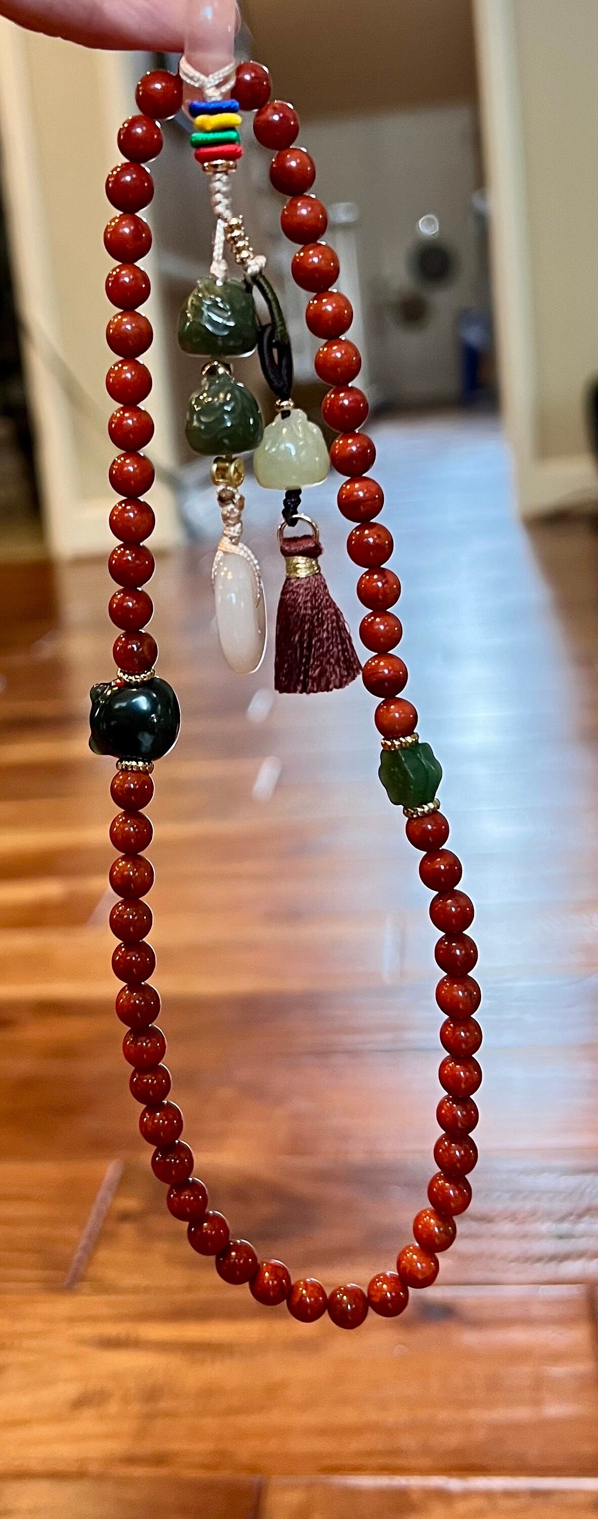 Certified Natural Nanhong and Hetian jade double wrap Bracelet, Dragon/ donut pendant/multipurpose bag charm/car  ornament 天然精品南红和田玉 龙年手串 多用