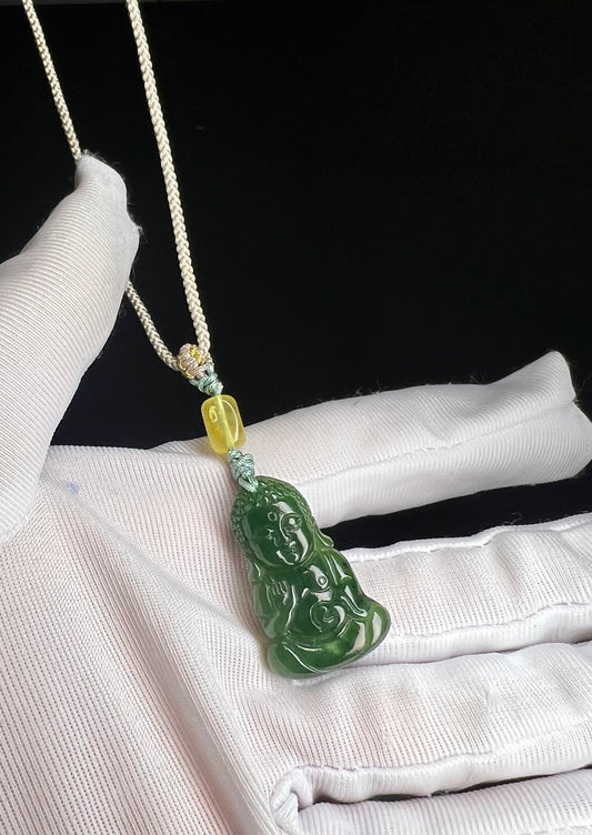 Certified natural Siberian  spinach green  nephrite/hetian jade carved Buddha pendant necklace 俄料碧玉 菠菜绿和田玉 宝宝佛 吊坠 项链