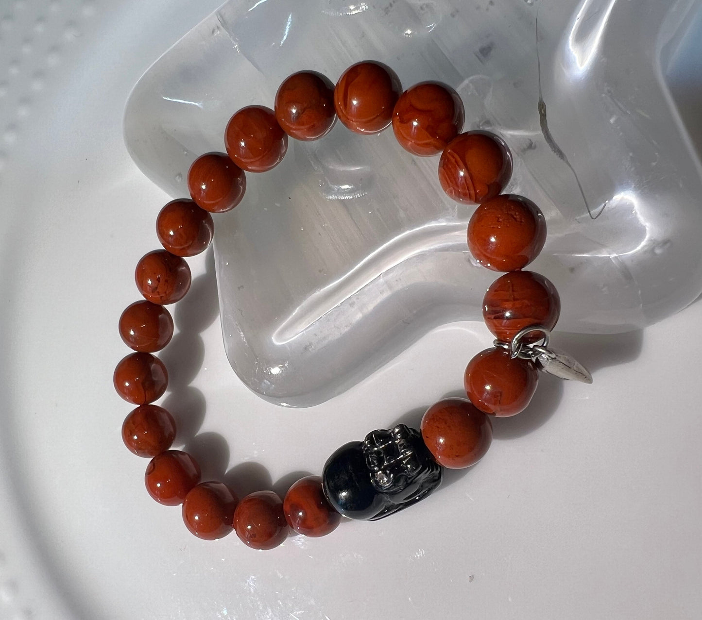 9.5mm，Certified Natural Nanhong Agate Beads Bracelet, Southern Red Agate, with Hypersthene Pixiu charm, 全天然精品金运石貔貅 川料柿子红南红手串 近满色满肉 #9412