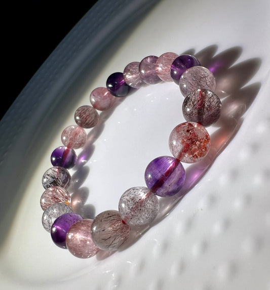 9.5mm+ Certified Natural high quality Super Seven round beads Bracelet, Super 7 Quartz Beads Bracelet, 天然精品超七水晶手串, Super seven 晶体干净内涵多#7821