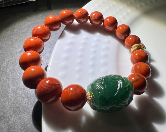 Certified Natural Nanhong Agate Bracelet, Southern Red Agate, with Siberian green Nephrite charm, 全天然精品川料柿子红南红手串 近满色满肉 碧玉雕刻荷花桶珠 #9410