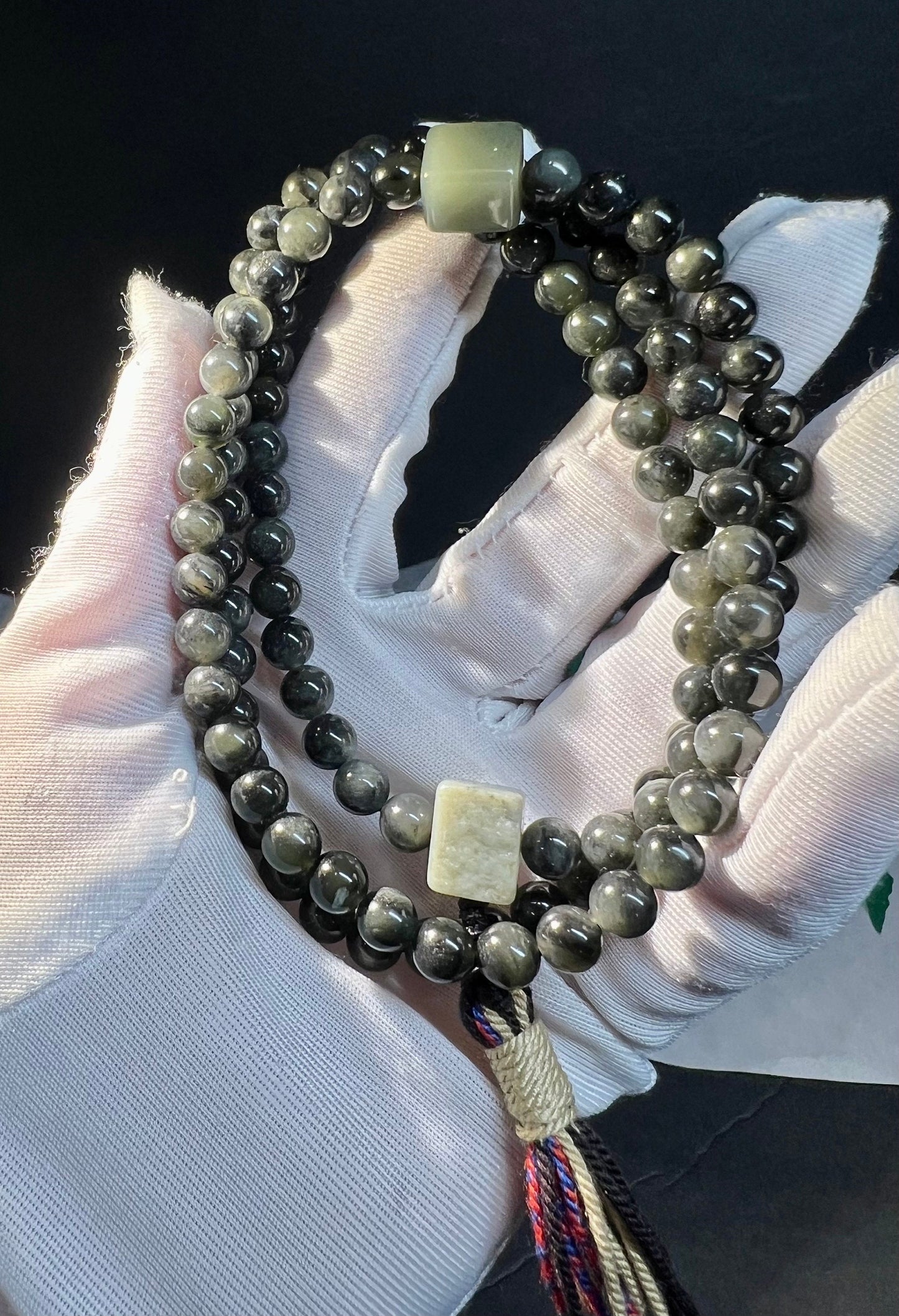 6mm Certified Natural Hetian jade/Qinghua nephrite graphite in nephrite  necklace 天然精品 聚墨青花 过灯品质 油熟细料#6527