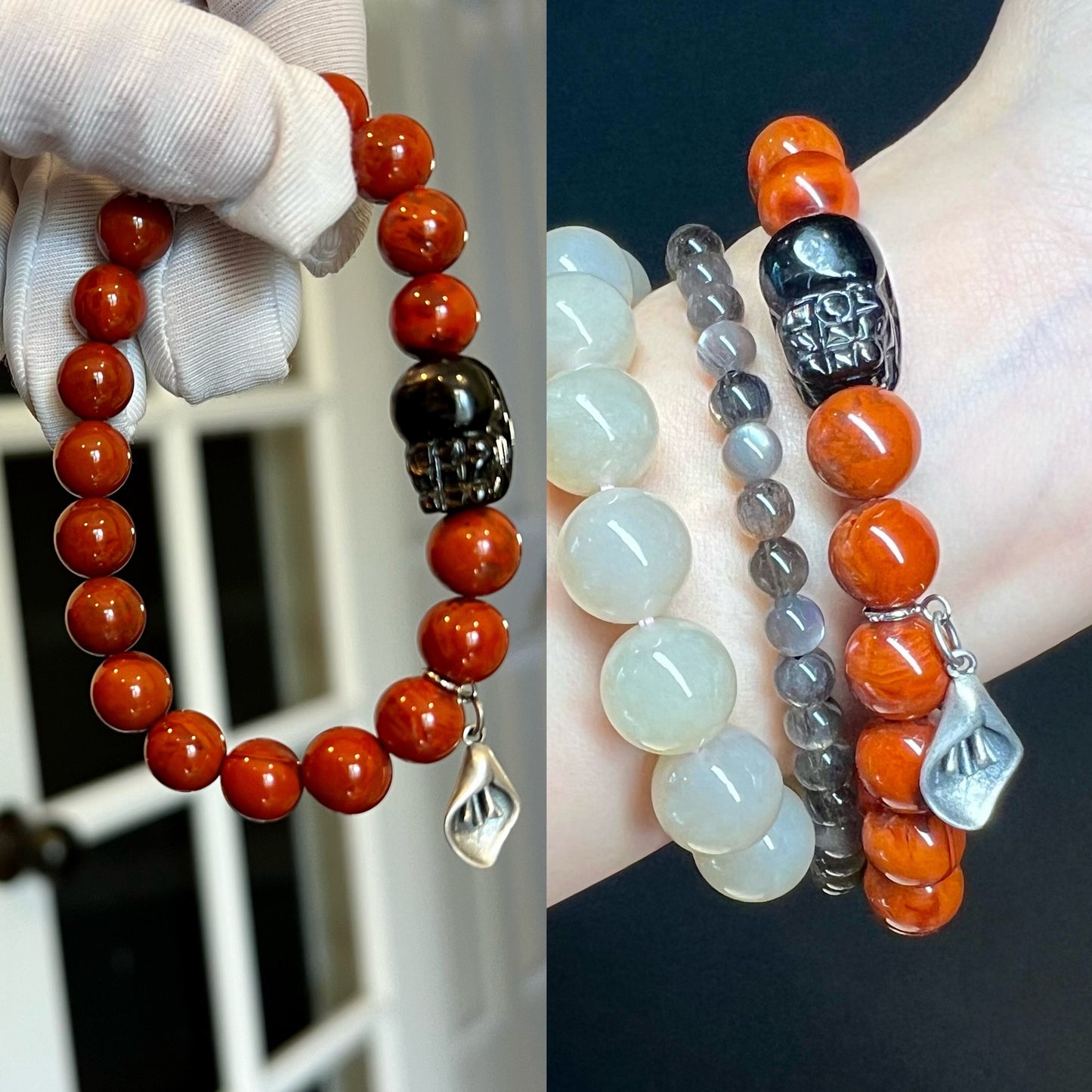 9.5mm，Certified Natural Nanhong Agate Beads Bracelet, Southern Red Agate, with Hypersthene Pixiu charm, 全天然精品金运石貔貅 川料柿子红南红手串 近满色满肉 #9412