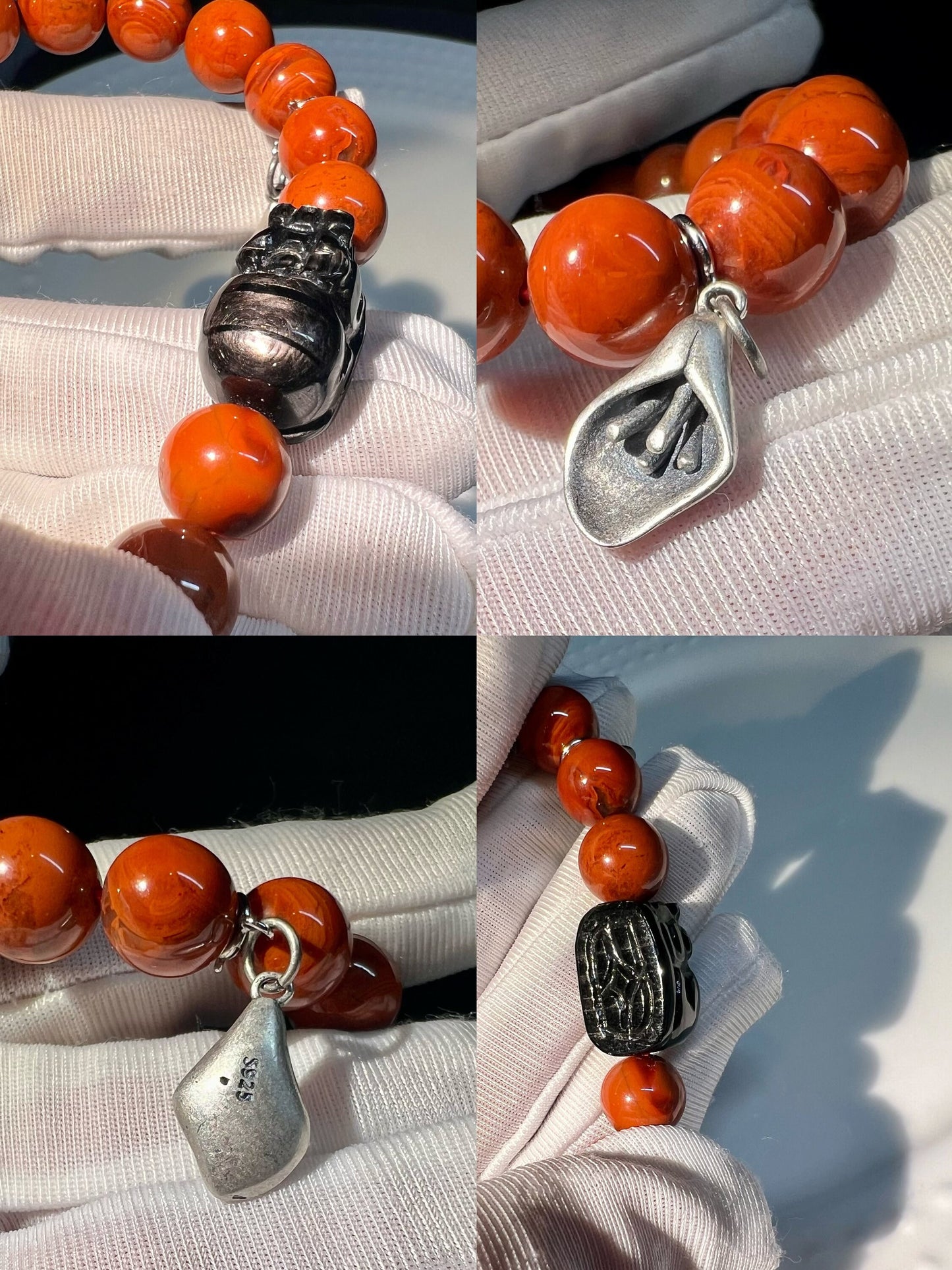 9.5mm，Certified Natural Nanhong Agate Beads Bracelet, Southern Red Agate, with Hypersthene Pixiu charm, 全天然精品金运石貔貅 川料柿子红南红手串 近满色满肉 #9412