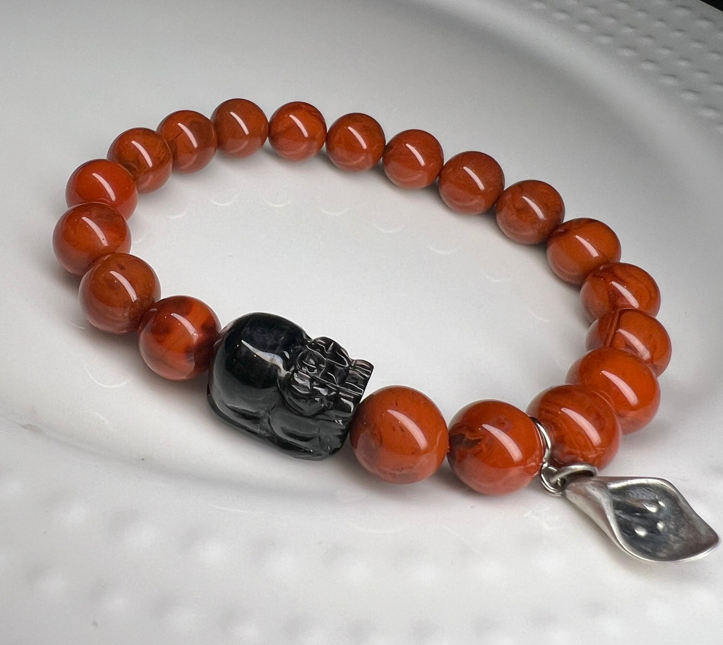 9.5mm，Certified Natural Nanhong Agate Beads Bracelet, Southern Red Agate, with Hypersthene Pixiu charm, 全天然精品金运石貔貅 川料柿子红南红手串 近满色满肉 #9412