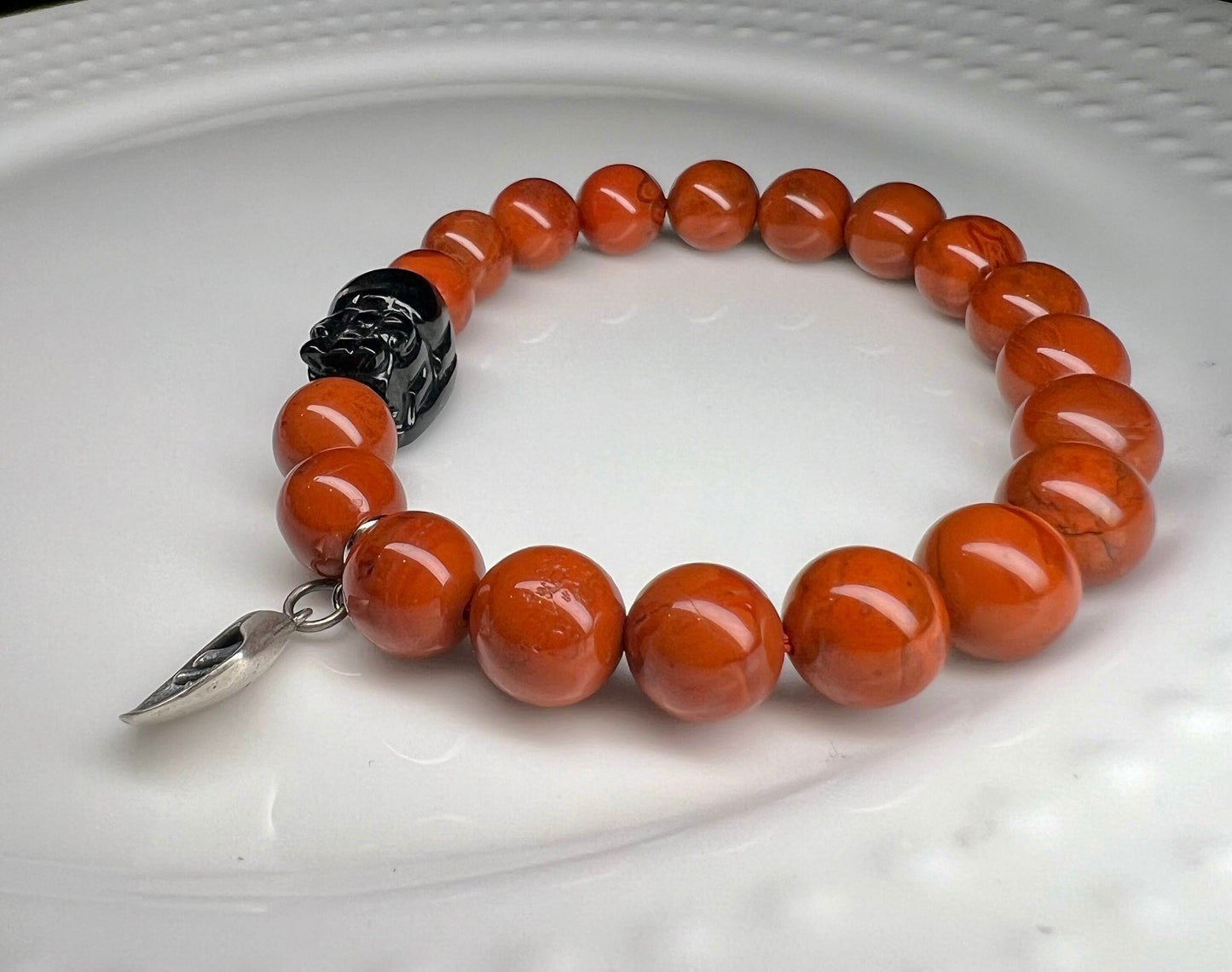 9.5mm，Certified Natural Nanhong Agate Beads Bracelet, Southern Red Agate, with Hypersthene Pixiu charm, 全天然精品金运石貔貅 川料柿子红南红手串 近满色满肉 #9412