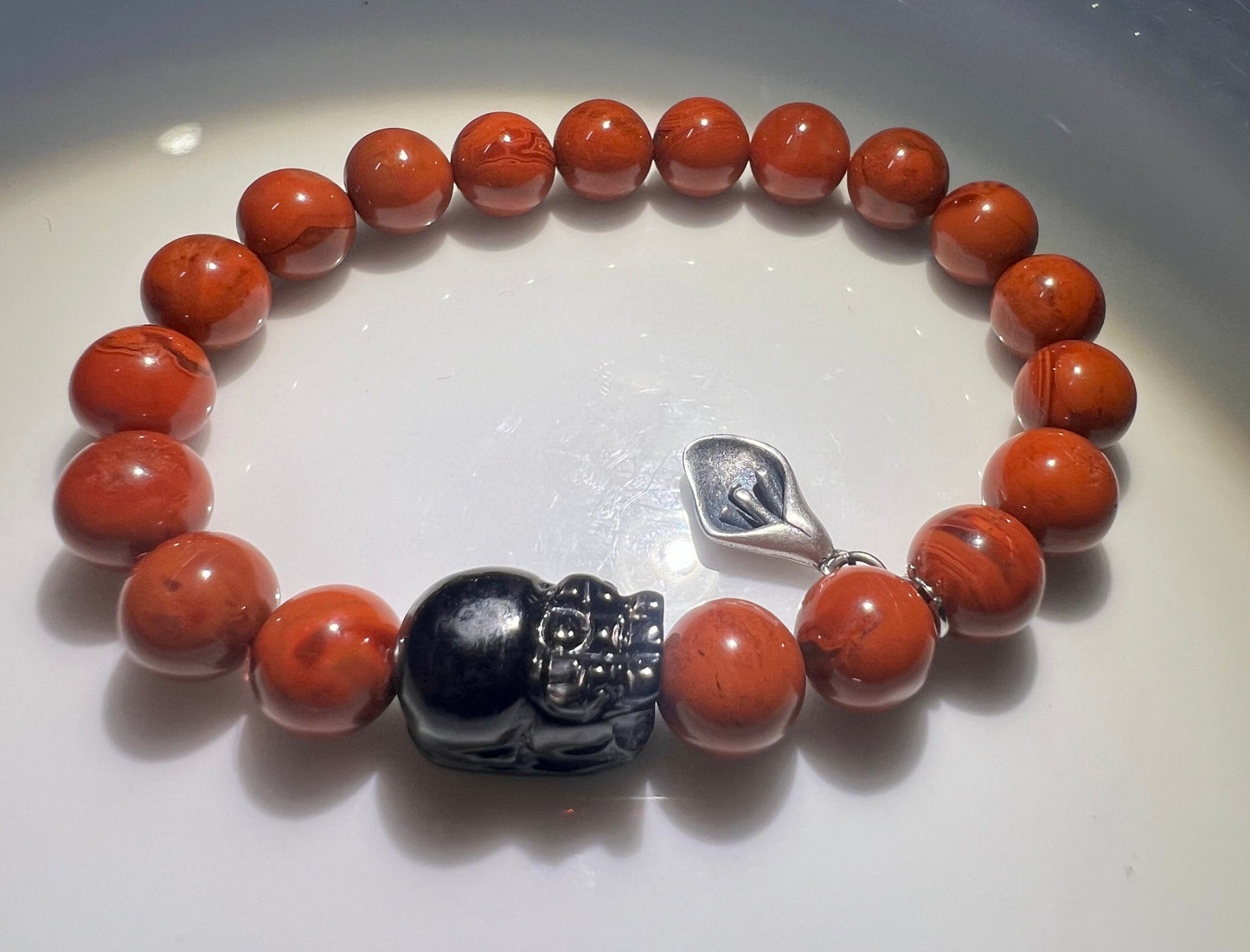 9.5mm，Certified Natural Nanhong Agate Beads Bracelet, Southern Red Agate, with Hypersthene Pixiu charm, 全天然精品金运石貔貅 川料柿子红南红手串 近满色满肉 #9412