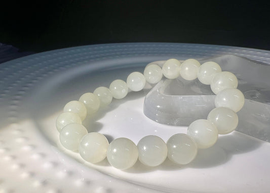 10mm Certified  Natural Hetian Jade icy white  nephrite  天然野牛沟和田玉老坑老料 润糯 细度过灯 白玉手串 年糕底 特别细 起荧光带微猫#3190