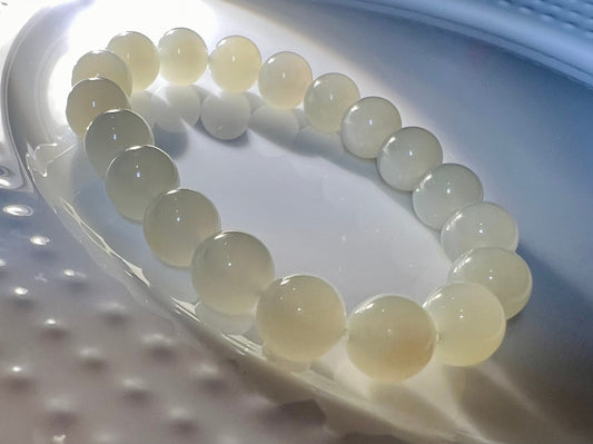 10mm Certified  Natural Hetian Jade icy white  nephrite  天然野牛沟和田玉老坑老料 润糯 细度过灯 白玉手串 年糕底 特别细 起荧光带微猫 脂粉感好#3197