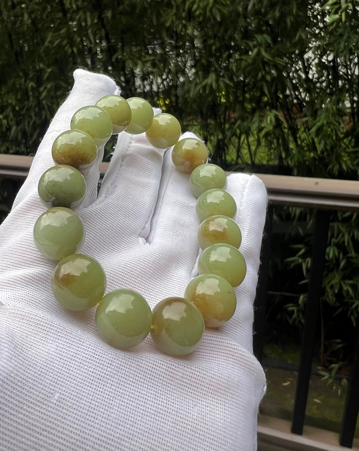 12mm Certified Natural Hetian jade/ Huangkou   old mine sugar nephrite bracelet/green plum with brown color天然和田玉若羌黄口俏糖 糖青黄 三彩青梅色 油润 #5068