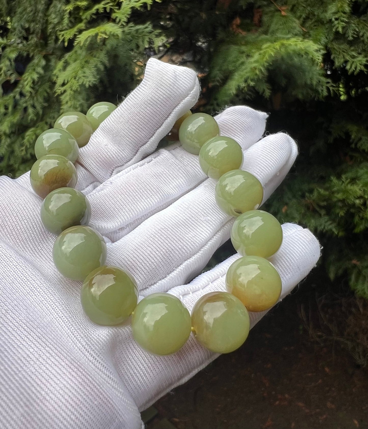 12mm Certified Natural Hetian jade/ Huangkou   old mine sugar nephrite bracelet/green plum with brown color天然和田玉若羌黄口俏糖 糖青黄 三彩青梅色 油润 #5068