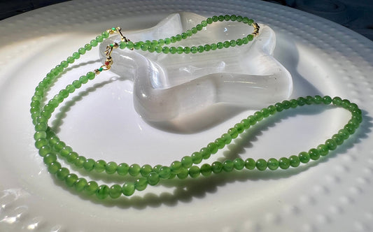 Certified 4mm Natural Siberian Green Nephrite /Jade multi-purpose necklace/high quality green nephrite  天然和田玉 苹果绿碧玉小米珠项链  起荧光起胶 #2411