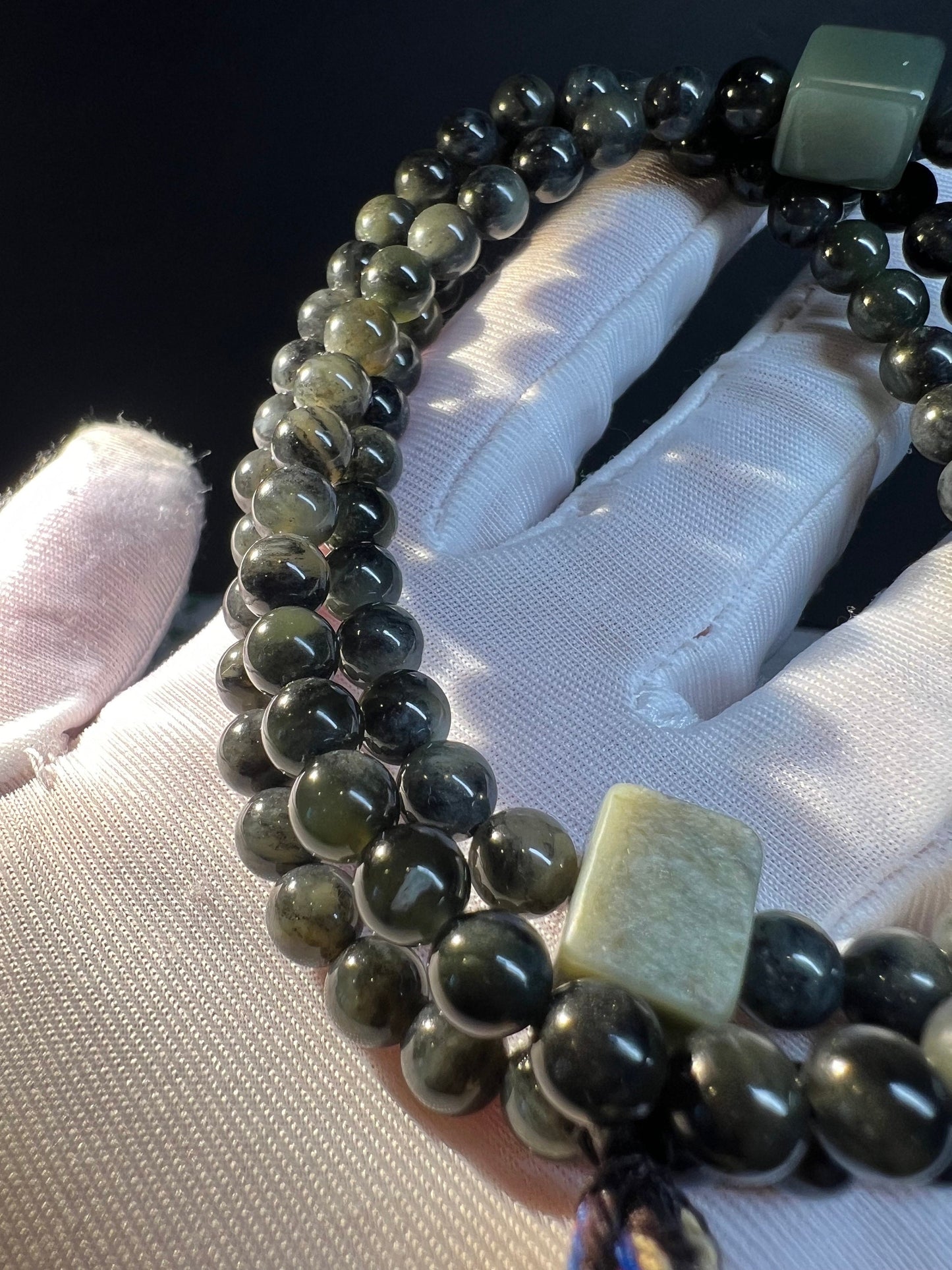 6mm Certified Natural Hetian jade/Qinghua nephrite graphite in nephrite  necklace 天然精品 聚墨青花 过灯品质 油熟细料#6527