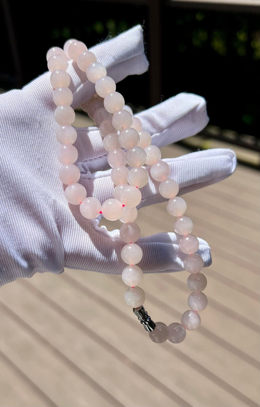 8mm  Certified Natural hetian jade Qinghai old mine nephrite necklace/icy lotus root pink necklace 天然精品和田玉 青海老矿料冰藕粉项链 冰润糯 #3376