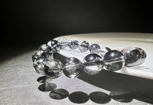 11mm Natural high clarity NY Herkimer Diamond bracelet with petal Black Anthraxolite Inclusions, flashes天然顶级闪灵钻手串晶体透闪 花瓣包裹体#0337