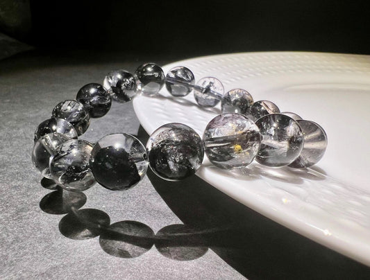 11.5mm Natural high clarity NY Herkimer Diamond bracelet with petal Black Anthraxolite Inclusions, flashes天然顶级闪灵钻手串晶体透闪 花瓣包体#0336