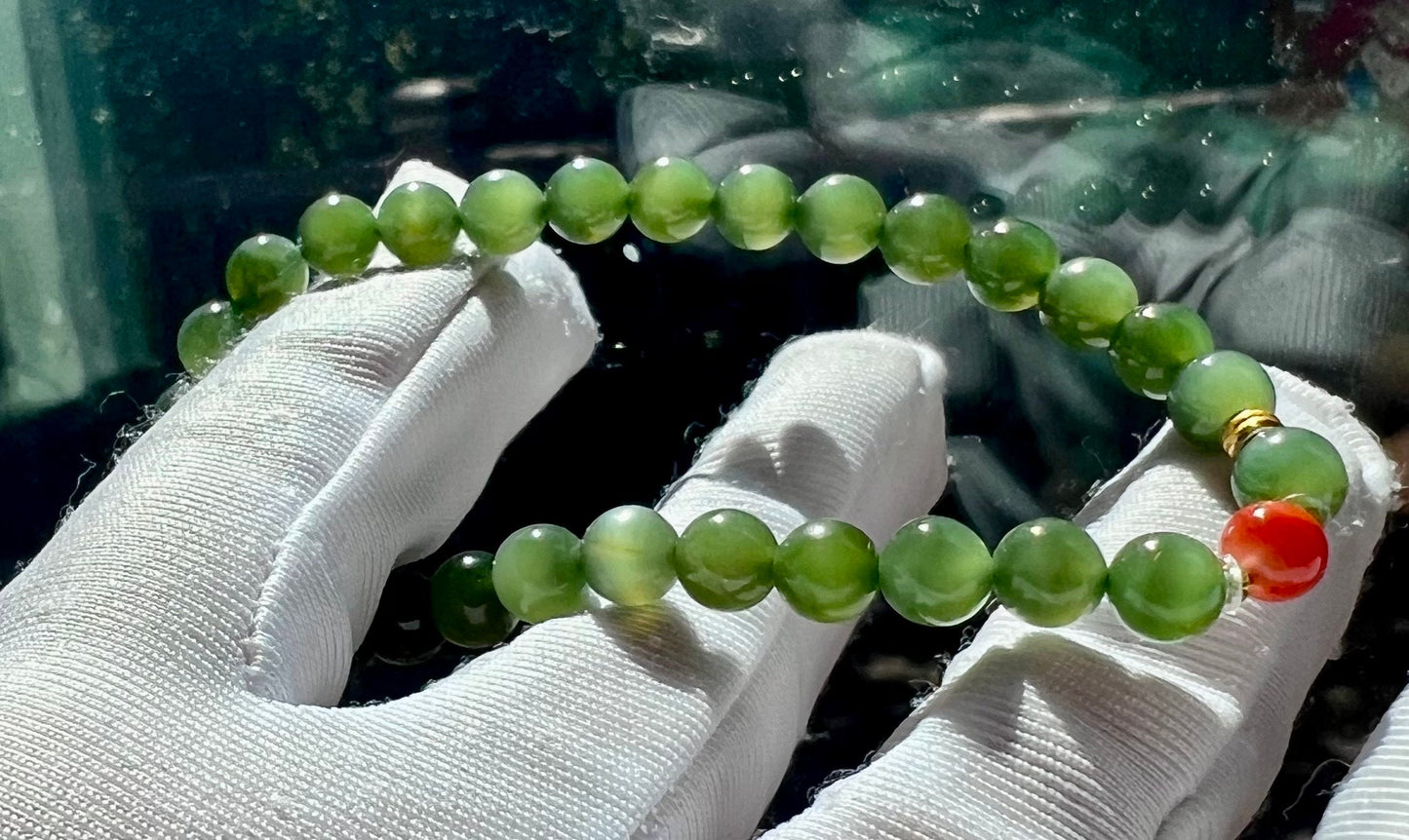 Certified Natural Siberian icy green nephrite Bracelet/chatoyant green nephrite/Hetian jade bracelet 俄料老矿碧玉手链 猫眼菠菜绿 冰底带猫眼 细腻油润#2253