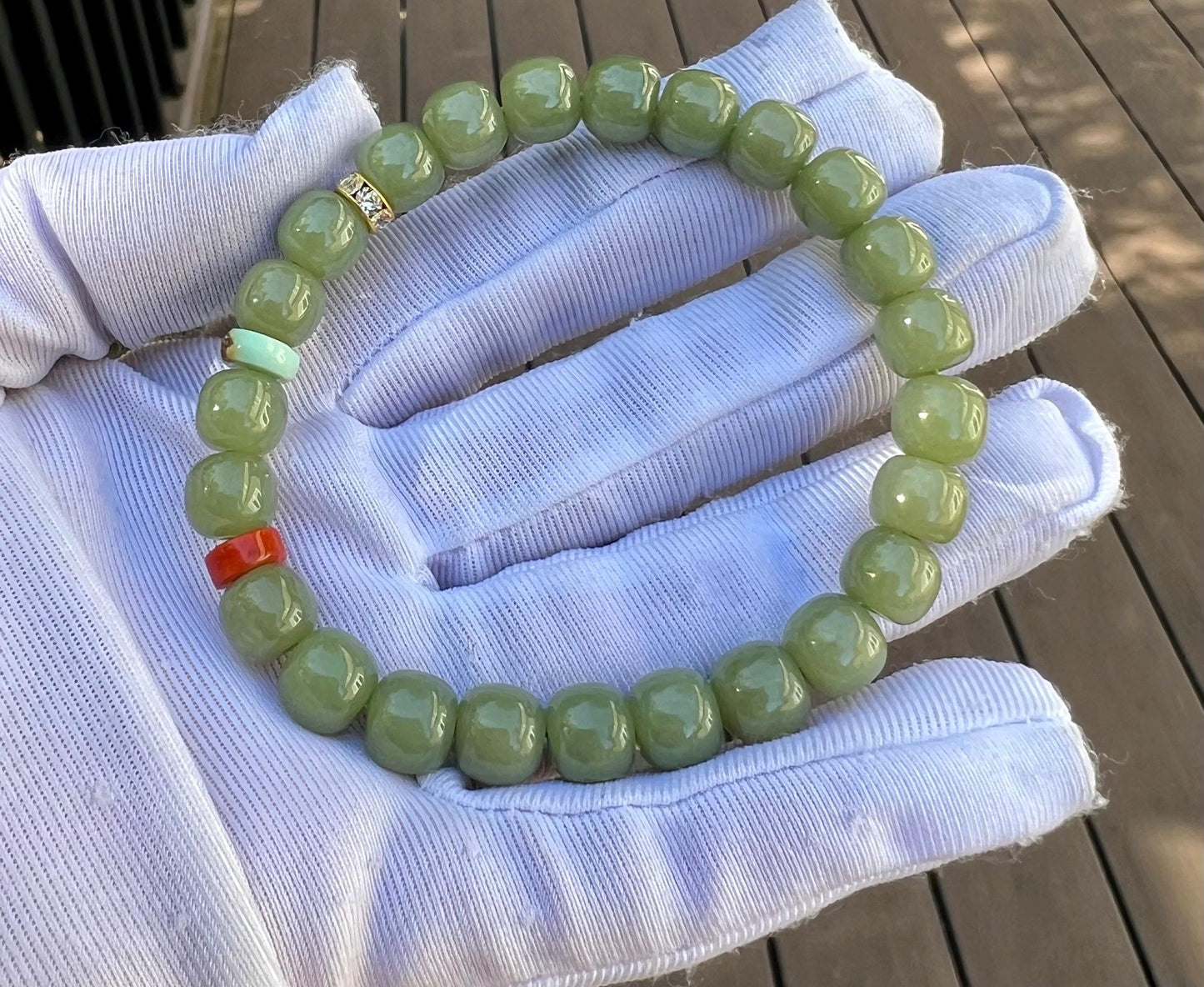 8*7mm Certified Natural Hetian jade/old mine Huangkou nephrite bracelet/yellow green nephrite/barrel beads天然和田玉青海老矿青黄口  细润起荧光 #0827