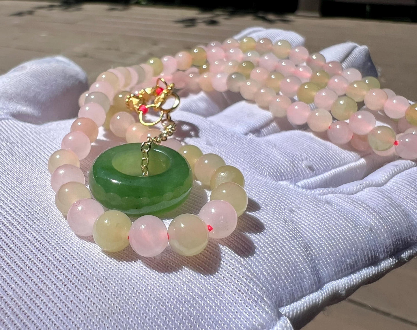 Certified natural Hetian jade/Qinghai Nephrite  Pink yellow multicolor necklace/green nephrite donut 天然精品和田玉 藕粉黄玉万能项链 长度可调#2368 碧玉甜甜圈