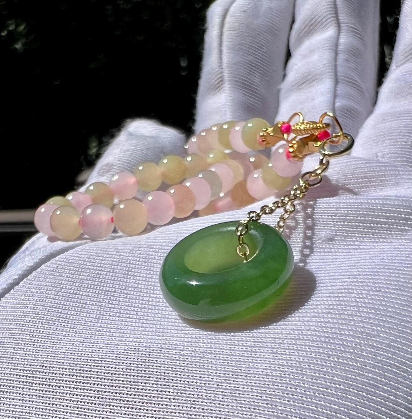 Certified natural Hetian jade/Qinghai Nephrite  Pink yellow multicolor necklace/green nephrite donut 天然精品和田玉 藕粉黄玉万能项链 长度可调#2368 碧玉甜甜圈