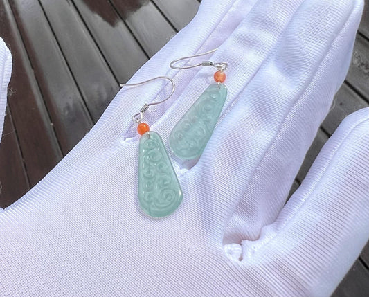 Certified Natural Guatemala Grade A Blue Jade / icy light blue Jadiete Leaf-shaped drop earrings/S925 天然A货危料蓝水翡翠  树叶形耳钩 耳环 耳坠 #1652