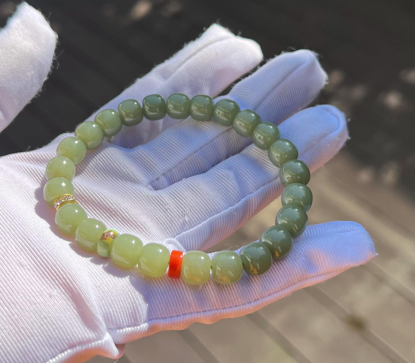 8*7mm Certified Natural Hetian jade/old mine Huangkou nephrite bracelet/yellow green nephrite/barrel beads天然和田玉青海老矿青黄口  细润起荧光 #0827