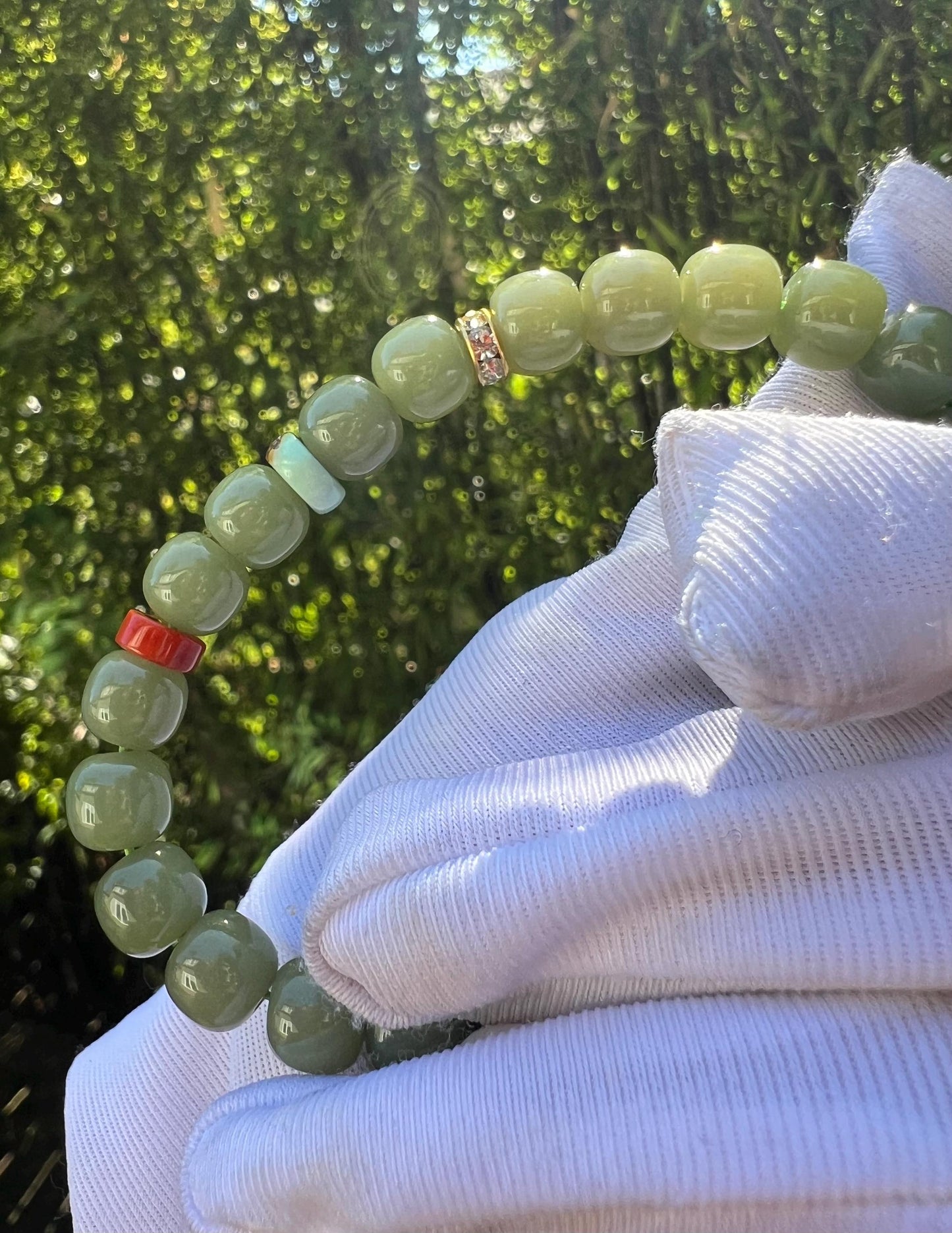 8*7mm Certified Natural Hetian jade/old mine Huangkou nephrite bracelet/yellow green nephrite/barrel beads天然和田玉青海老矿青黄口  细润起荧光 #0827