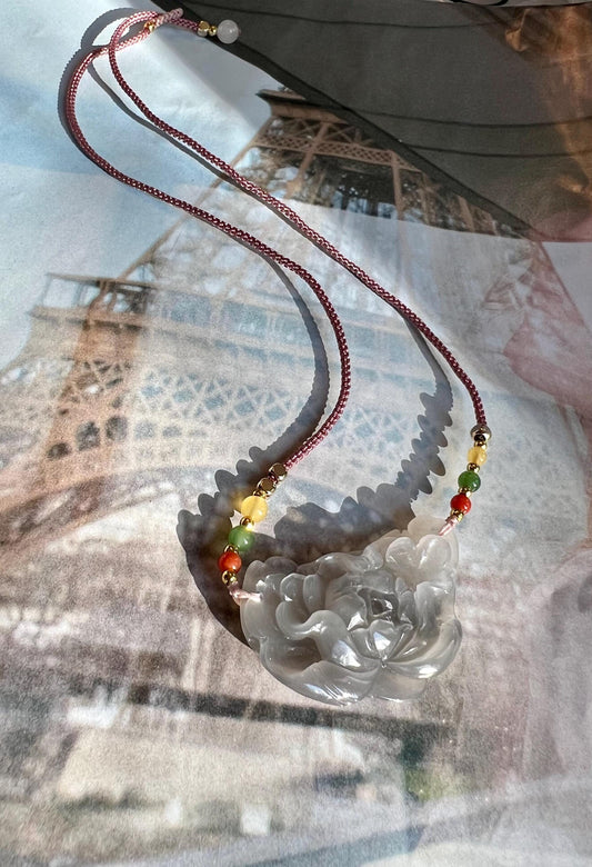 Certified natural hetian jade/smoky purple nephrite carved  peony flower pendant /necklace 天然和田玉 青海水墨烟紫 雕刻牡丹花吊坠 锁骨链 手工项链绳#3060