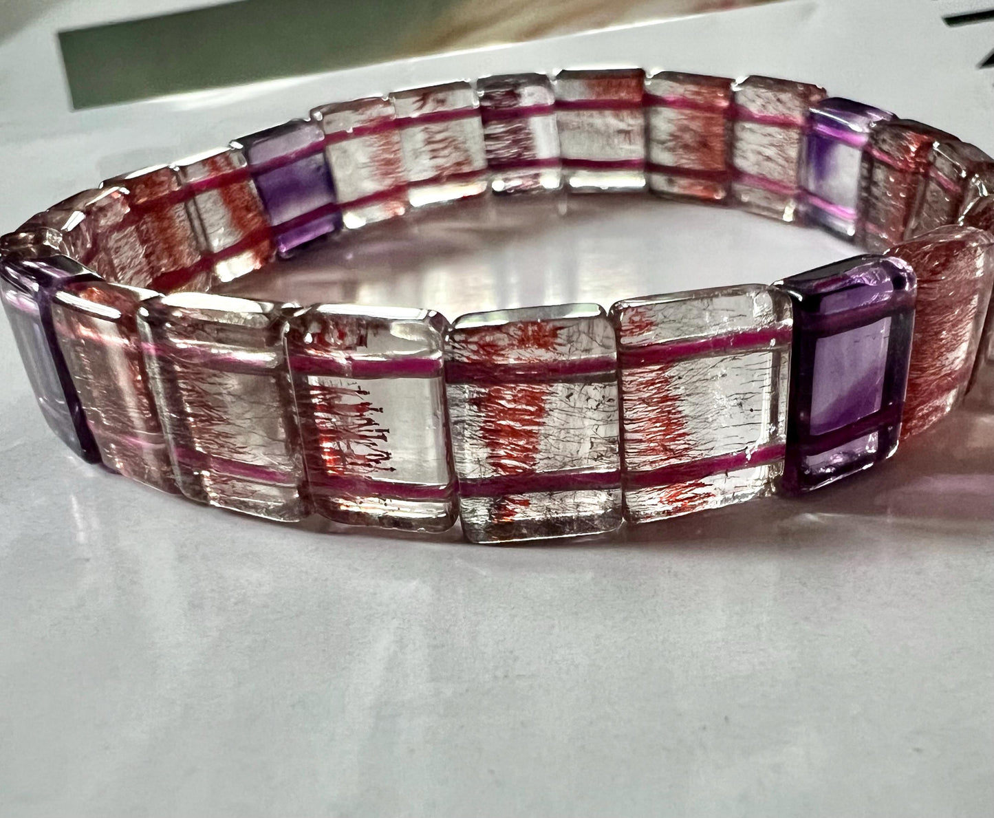 Certified Natural Super Seven Rectangular beads Bracelet, red magic lily/Golden strawberry Bracelet 天然精品彼岸花金草莓紫发超七 手牌