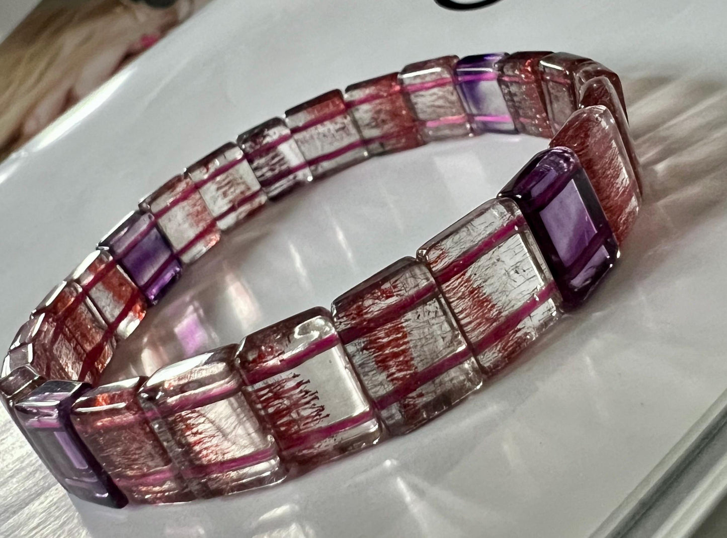 Certified Natural Super Seven Rectangular beads Bracelet, red magic lily/Golden strawberry Bracelet 天然精品彼岸花金草莓紫发超七 手牌