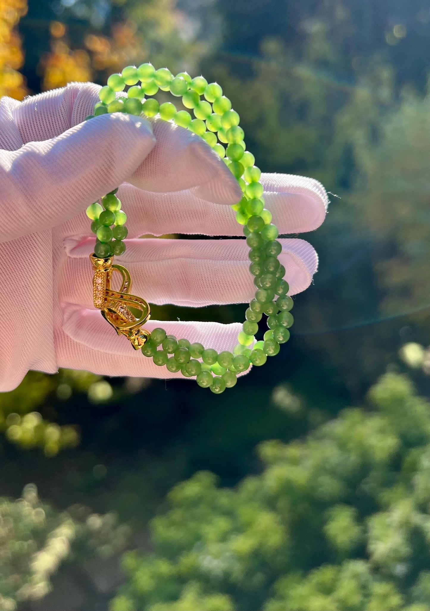Certified Natural hetian jade Siberian Green Nephrite/three-wrap twist bracelet/adjustable length 天然精品和田玉 俄料碧玉 嫩果绿三圈小米珠麻花手链 #0132 扭扭手链
