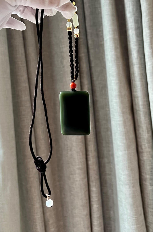 Certified natural hetian river pebble jade/Shazao green nephrite/ safety rectangle pendant  necklace天然精品和田玉 籽料沙枣青 无事牌 #3051 留皮