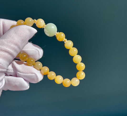 8mm Certified Natural hetian jade/Qiemo golden brown nephrite bracelet/loulan Qinghua bead天然精品和田玉 且末糖玉 黄金糖玉手串 楼兰青花圆珠极细料#5633