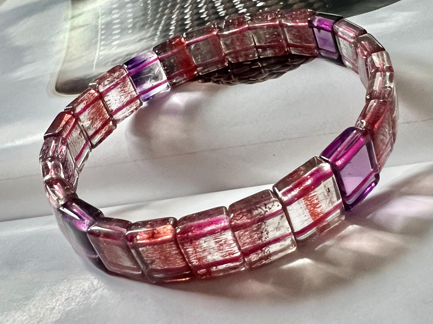 Certified Natural Super Seven Rectangular beads Bracelet, red magic lily/Golden strawberry Bracelet 天然精品彼岸花金草莓紫发超七 手牌