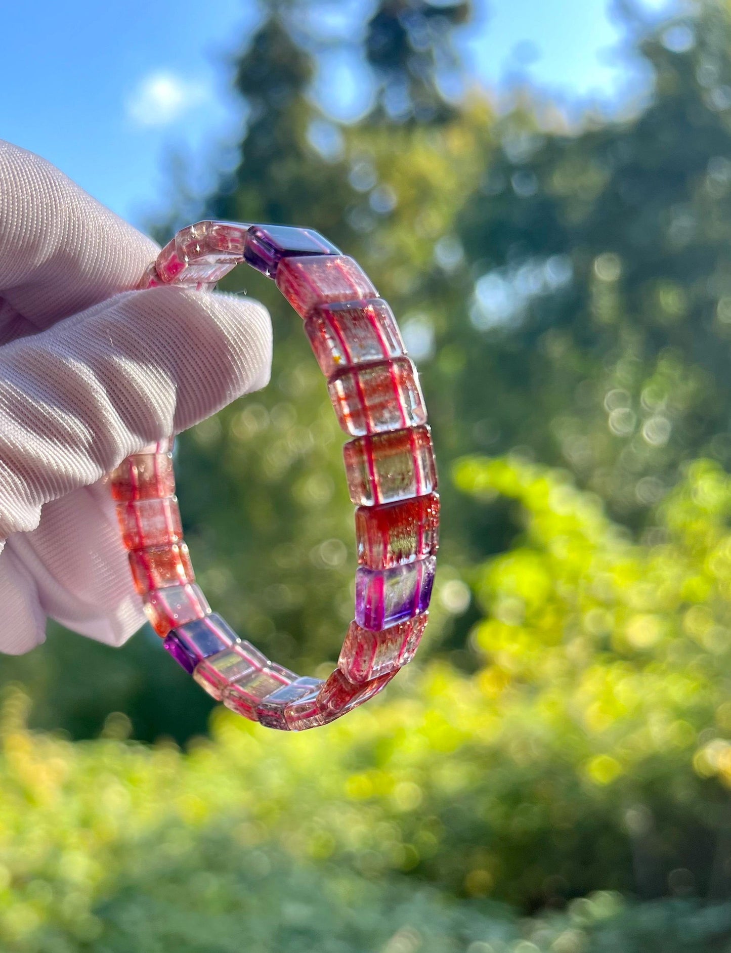 Certified Natural Super Seven Rectangular beads Bracelet, red magic lily/Golden strawberry Bracelet 天然精品彼岸花金草莓紫发超七 手牌