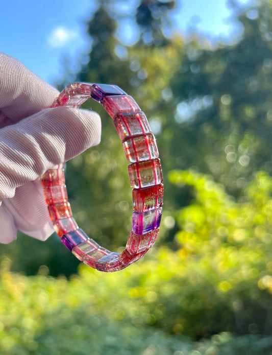 Certified Natural Super Seven Rectangular beads Bracelet, red magic lily/Golden strawberry Bracelet 天然精品彼岸花金草莓紫发超七 手牌