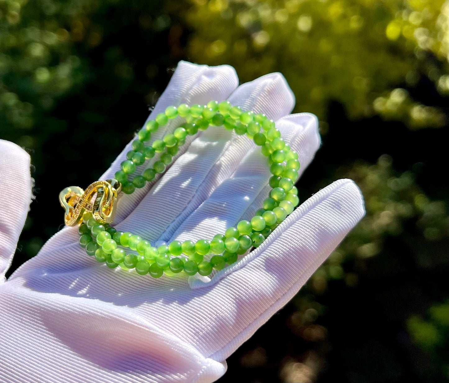 Certified Natural hetian jade Siberian Green Nephrite/three-wrap twist bracelet/adjustable length 天然精品和田玉 俄料碧玉 嫩果绿三圈小米珠麻花手链 #0132 扭扭手链