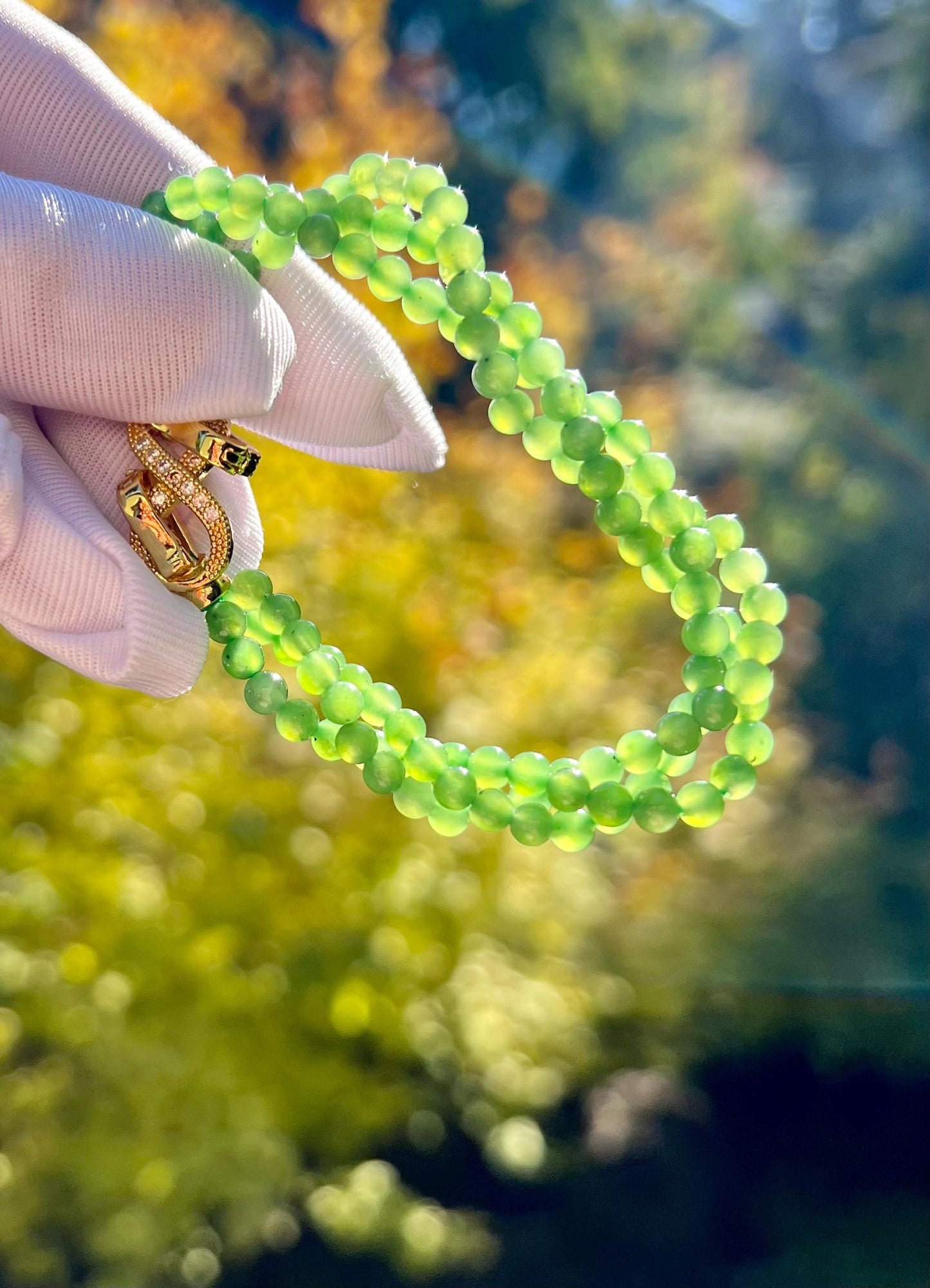 Certified Natural hetian jade Siberian Green Nephrite/three-wrap twist bracelet/adjustable length 天然精品和田玉 俄料碧玉 嫩果绿三圈小米珠麻花手链 #0132 扭扭手链
